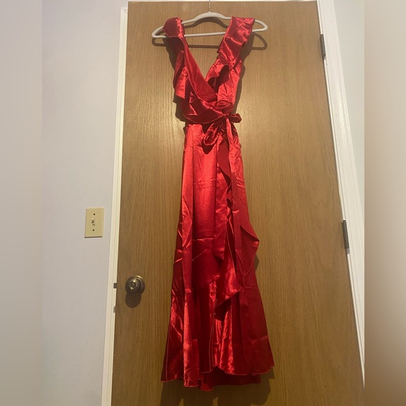 Little Mistress Red Satin Ruffle Maxi Dress - Picture 2 of 7